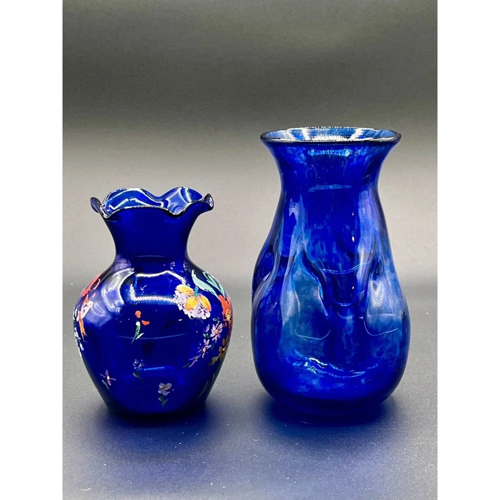 Vintage Cobalt Blue Hand Blown Glass Ruffle Vase. Hand Painted Lot‎ of two